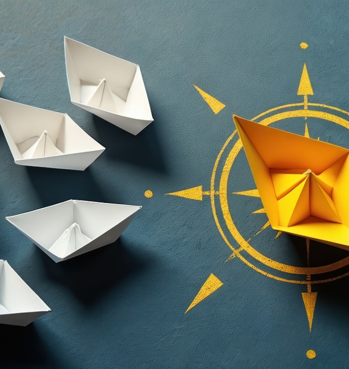 Yellow paper boat leads a group of white paper boats over a yellow compass on blue surface.