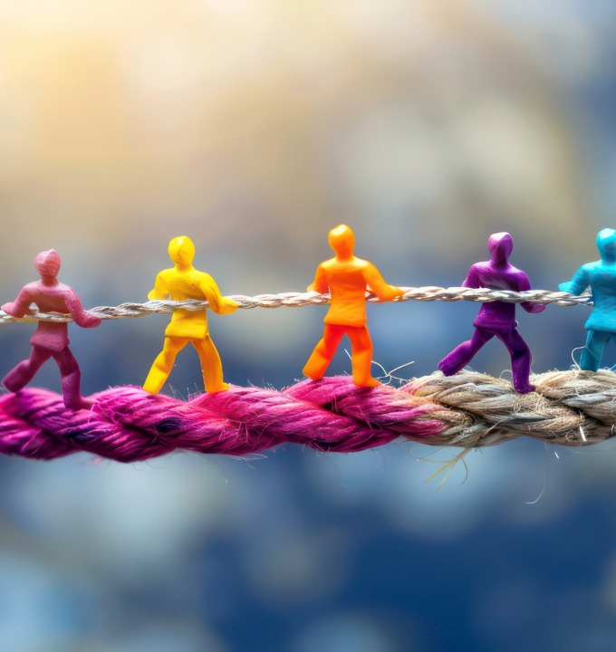 Colorful plastic figures pulling a rope in a tug-of-war standing on intertwined ropes.