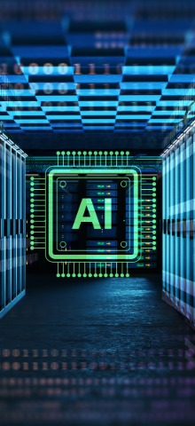 Glowing AI chip icon with digital code pattern inside a dark server room corridor.