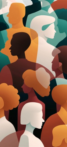 Abstract illustration of diverse overlapping human silhouettes in various colors and profiles.
