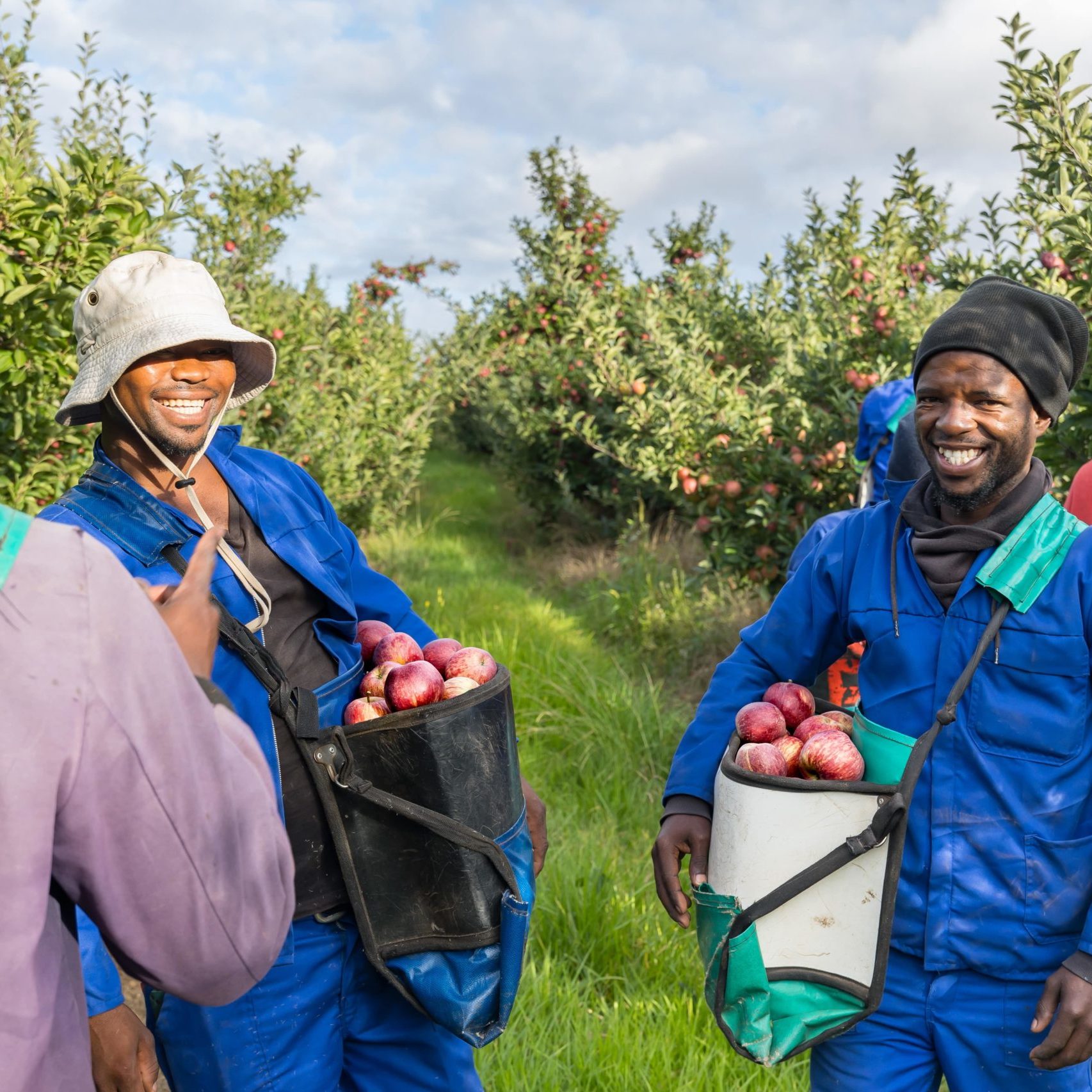 Two smiling farmers in blue work clothes holding baskets full of red apples in an orchard.