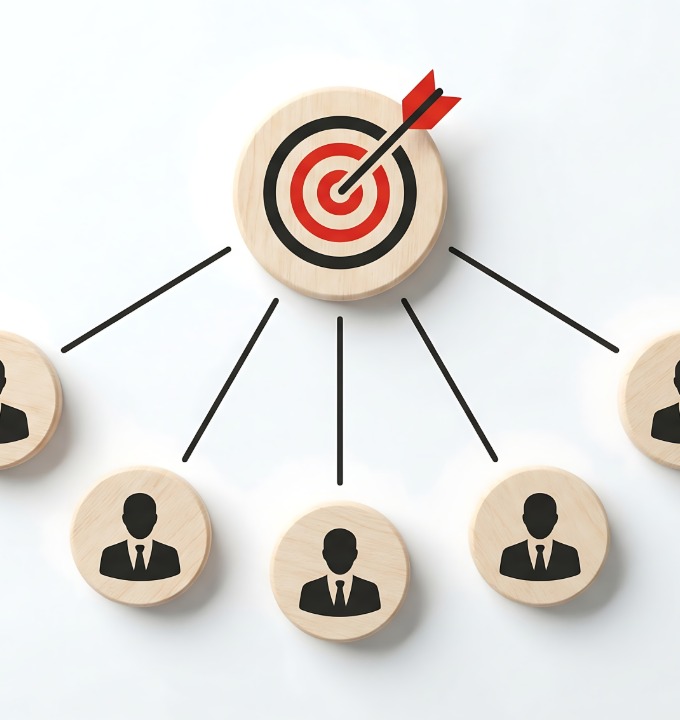 Wooden target with arrow connected by lines to wooden circles with business person icons.