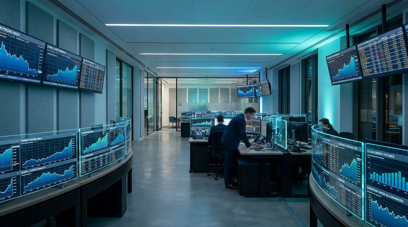 Trading screens showing EU carbon market data for EUA spot and futures contracts