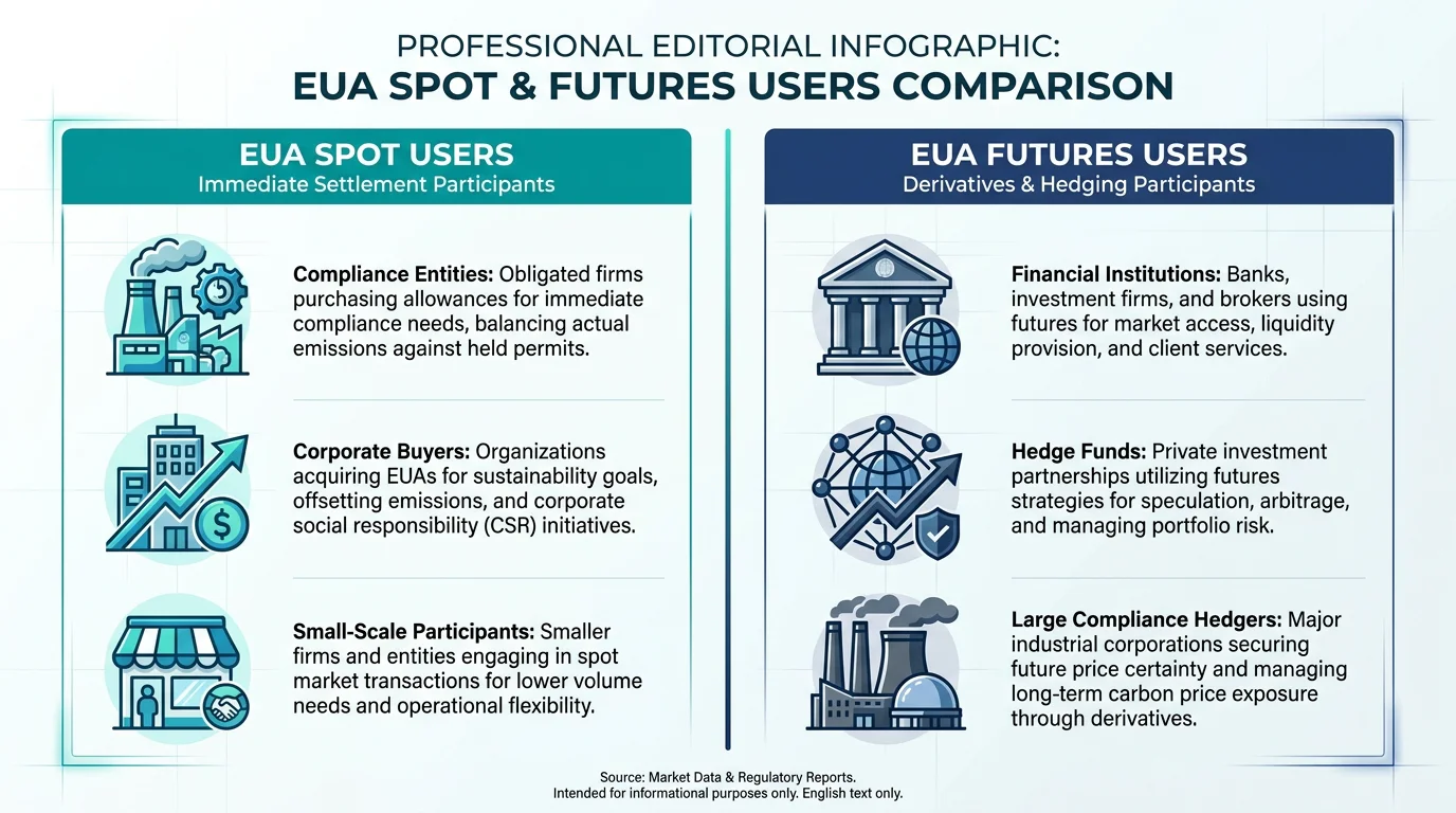 Infographic comparing typical users of EUA spot versus EUA futures contracts