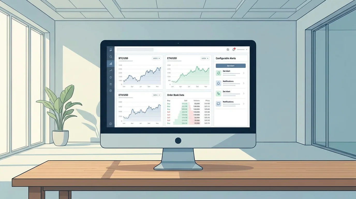 Modern trading platform dashboard showing real-time charts and configurable alerts