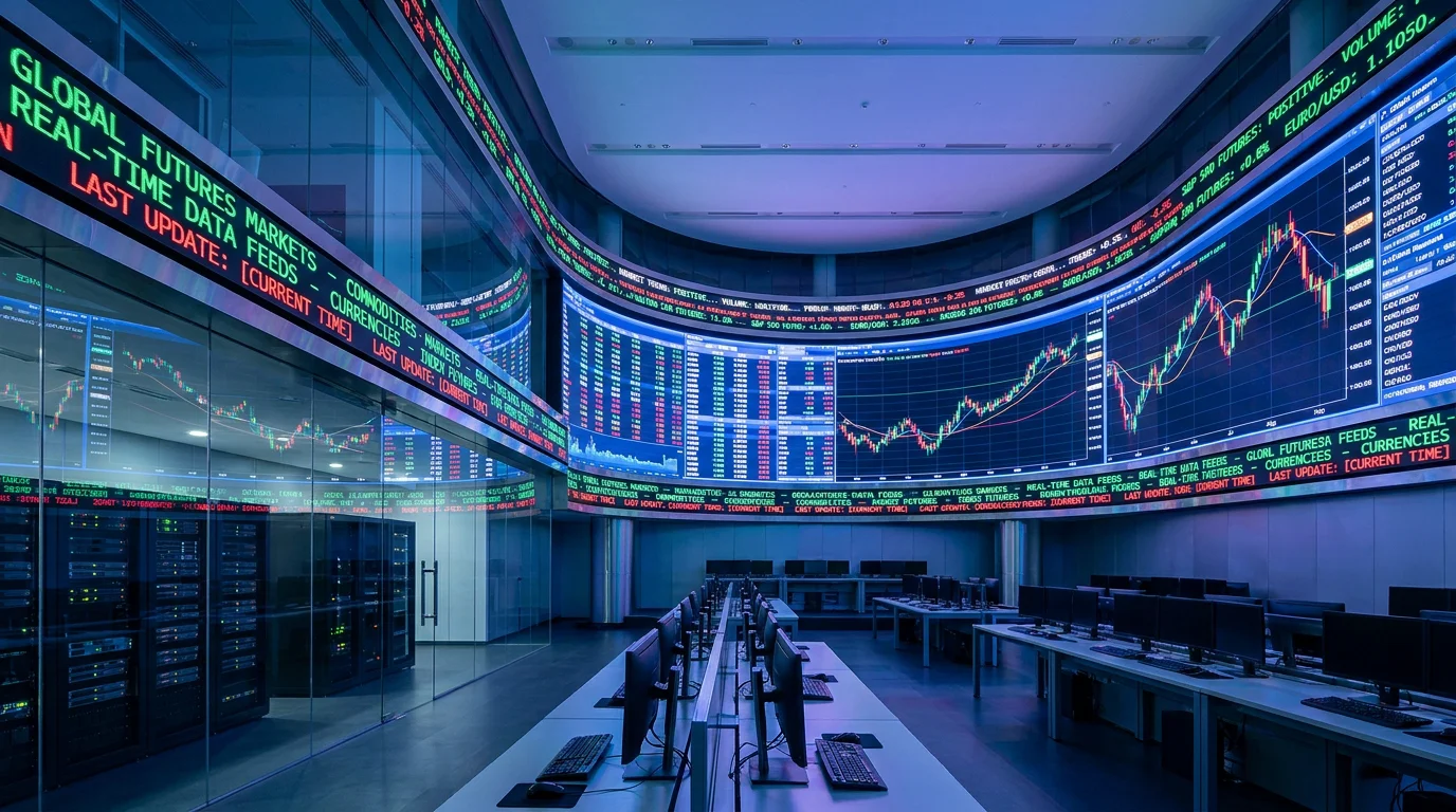 Modern financial exchange screens displaying real-time futures trading data and price charts