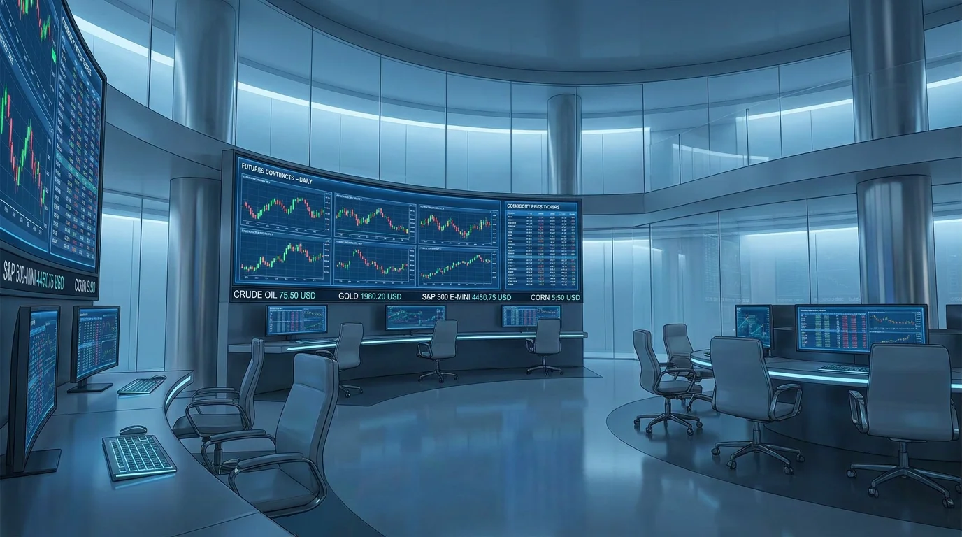 Digital trading floor displaying futures contract charts and commodity price tickers