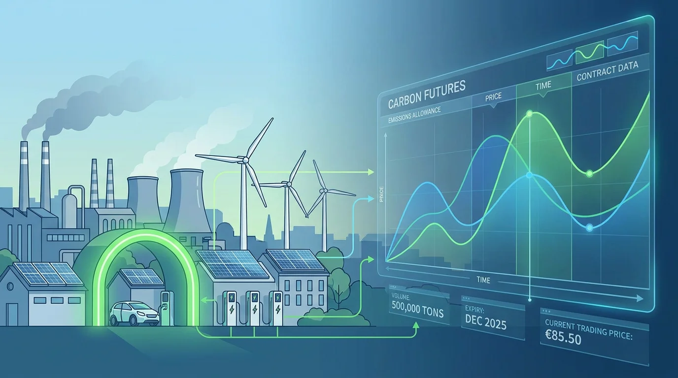 Conceptual visualization of carbon emissions futures trading with industrial and green energy elements