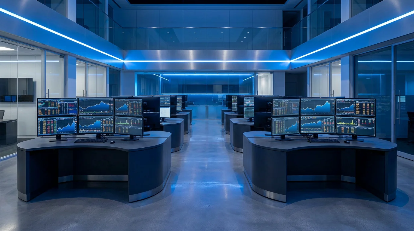 Modern trading floor with multiple monitors displaying financial charts and real-time data