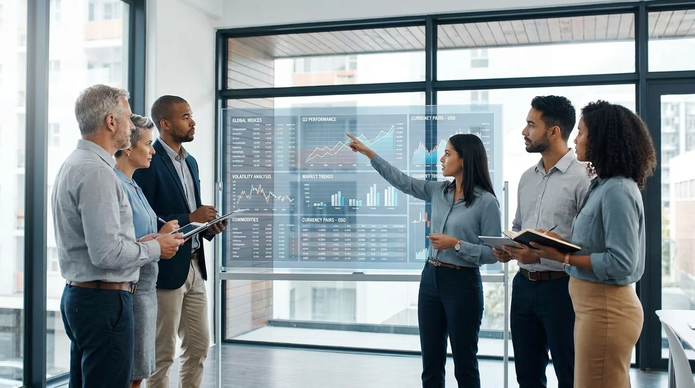 Business professionals analyzing transparent real-time trading data in a modern office