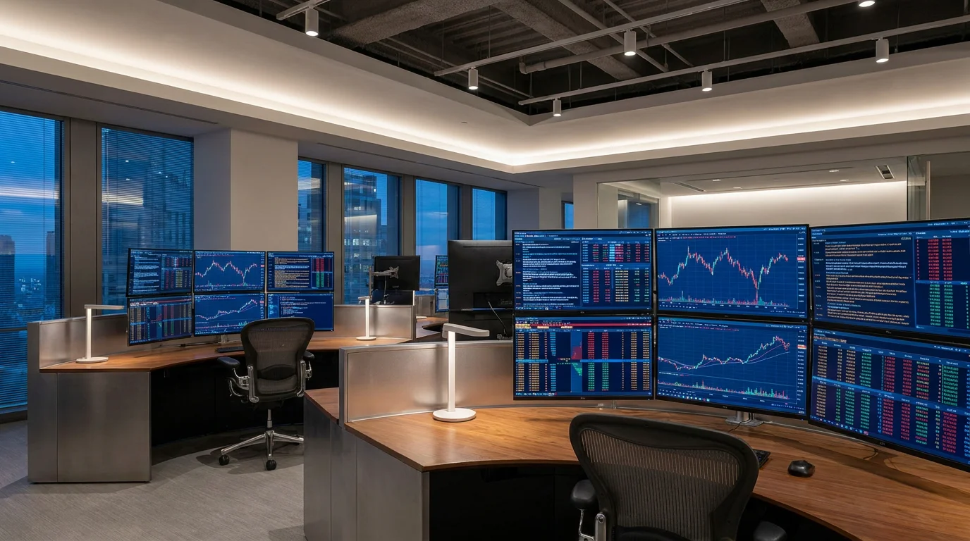Modern trading environment with multiple screens displaying financial charts and market data