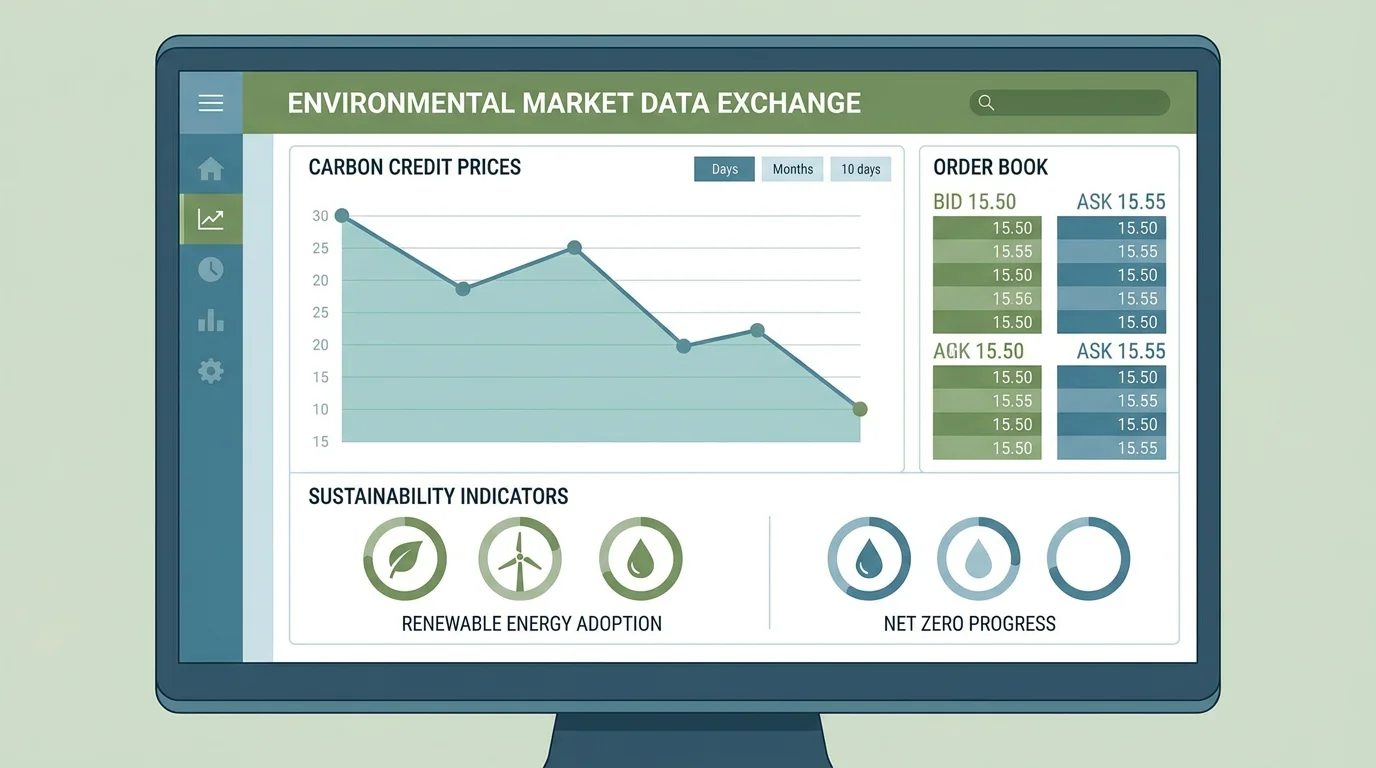 Digital exchange dashboard displaying emissions market data with price charts and order book