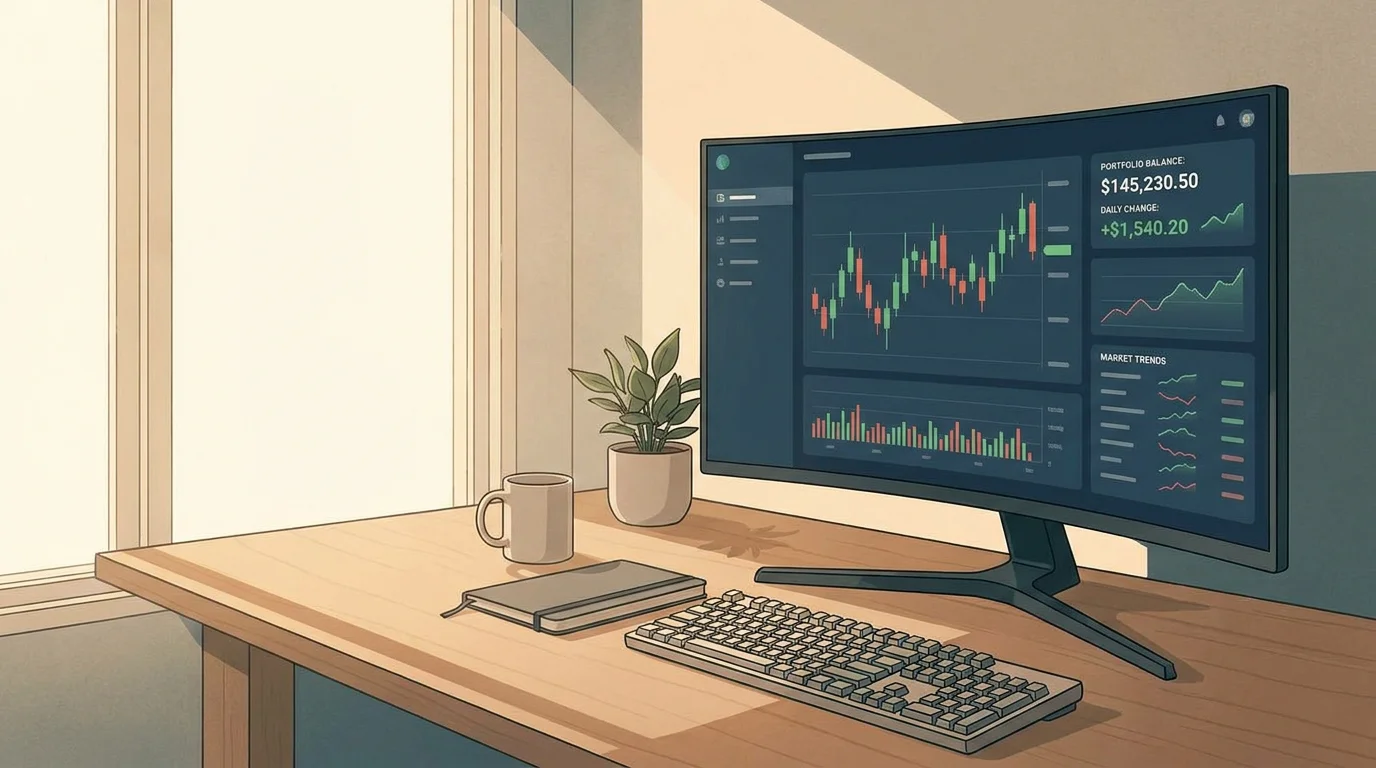 Professional workspace showing a demo trading simulation on a monitor with charts and virtual portfolio balance