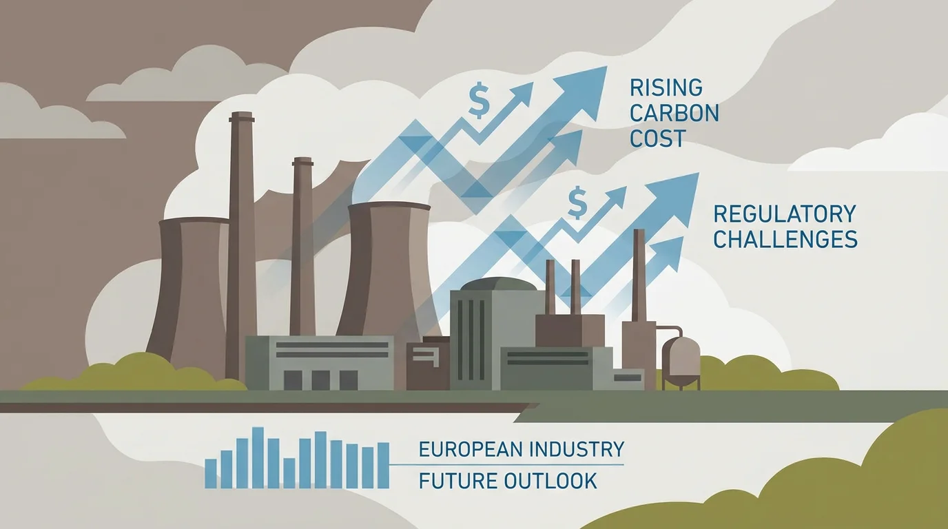 Illustration of a European industrial facility with rising carbon cost indicators