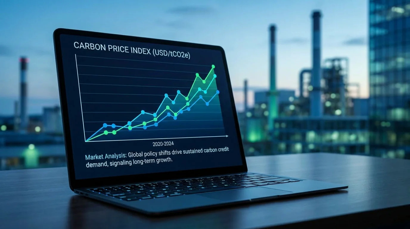 Stylized chart showing the upward trend of EU carbon allowance prices on a digital trading display