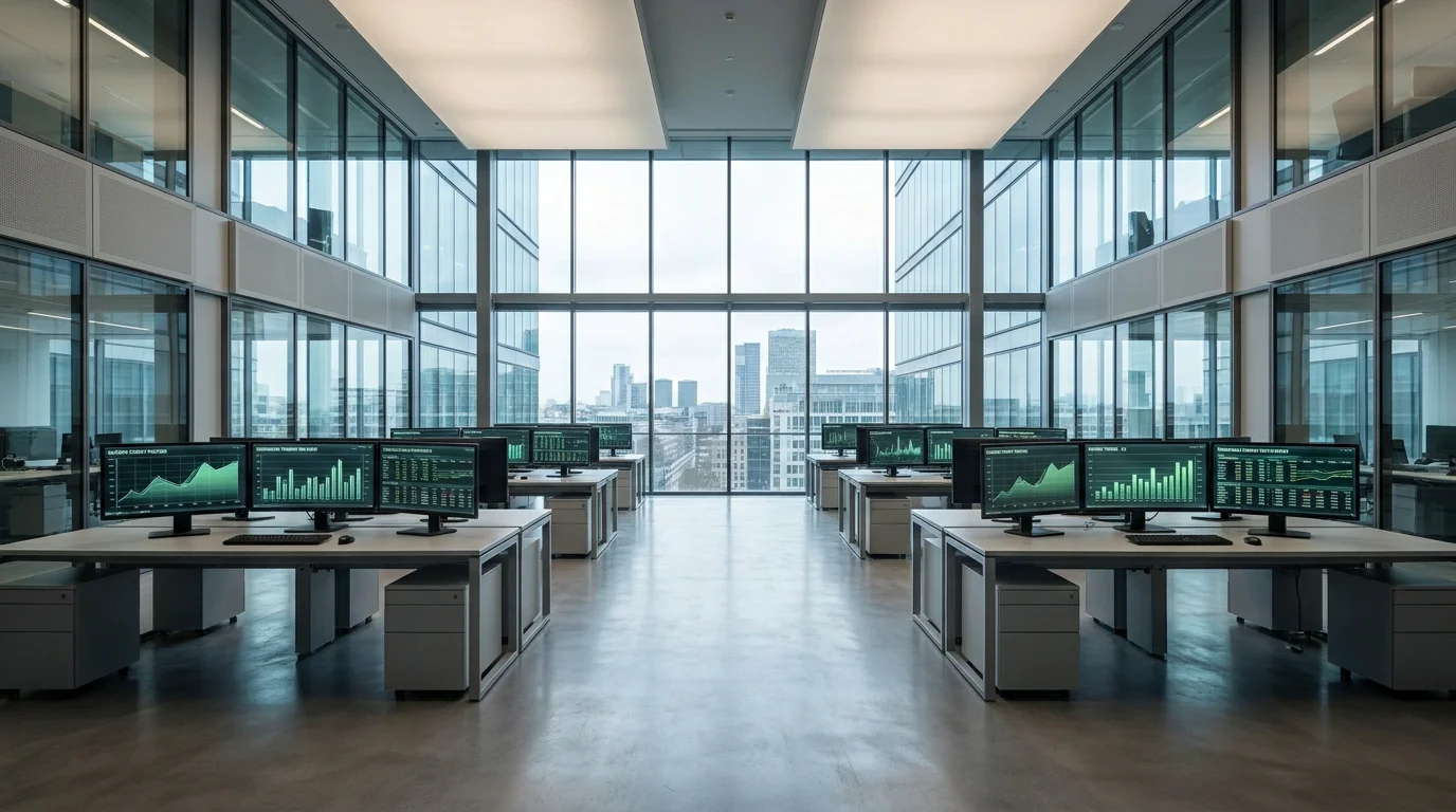 Modern trading floor environment with carbon market data displays