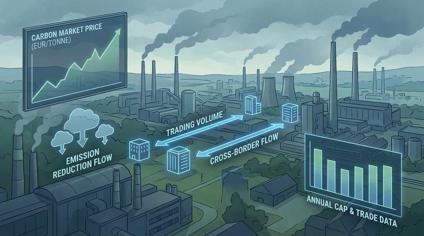 Illustration of EU carbon market trading data overlaid on a European industrial landscape