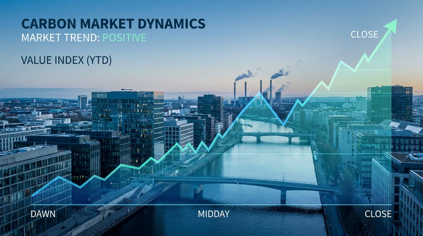 European cityscape with industrial facilities and overlaid carbon price trend chart at dawn