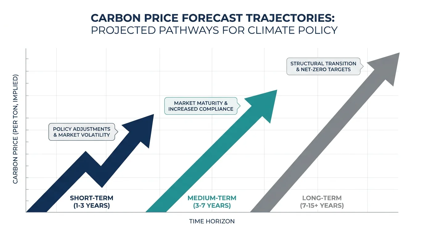 Infographic illustrating short, medium, and long-term EU carbon price forecast trajectories