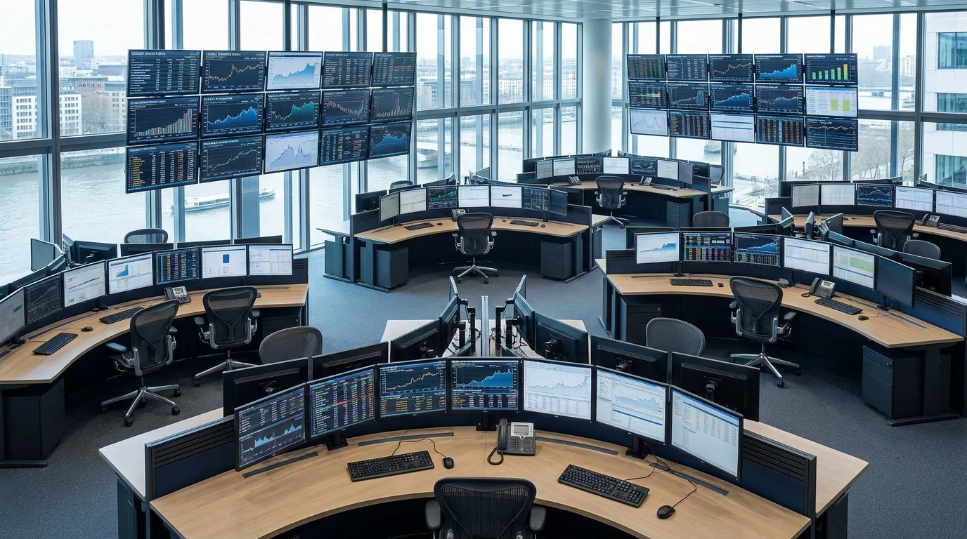 Modern trading floor with screens displaying EU carbon market price data and charts