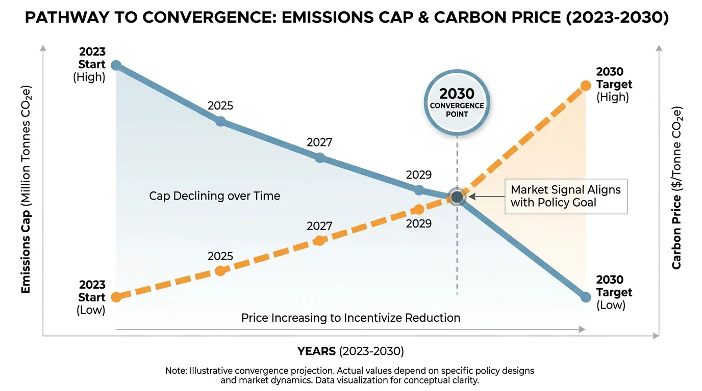 Infographic showing EU ETS emissions cap declining and carbon price forecast rising toward 2030