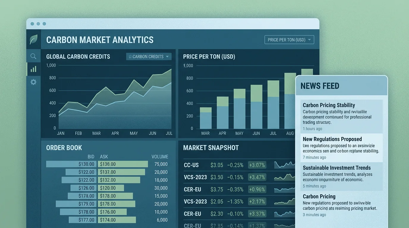 Digital carbon trading platform dashboard displaying EU ETS price charts and order book