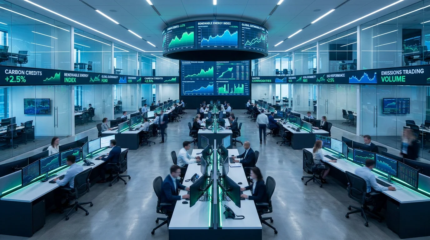 Modern trading floor with screens displaying environmental commodity market data and carbon trading charts