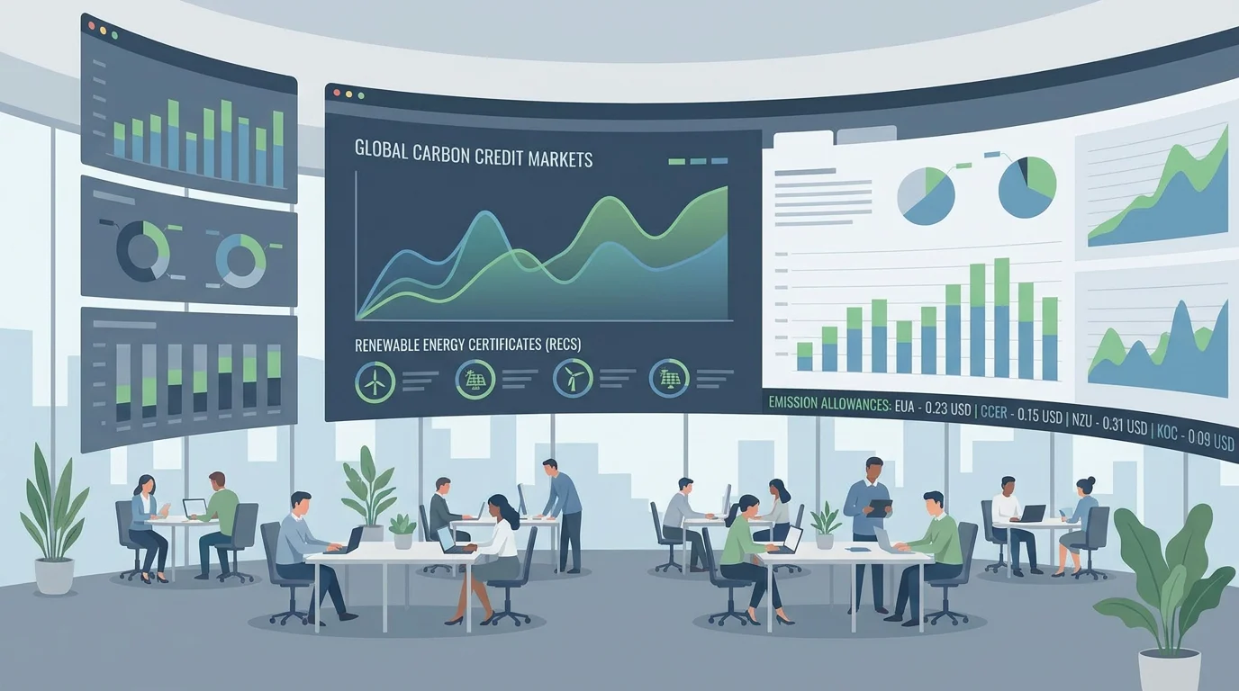 Digital trading platform interface displaying environmental commodity data and carbon credit charts