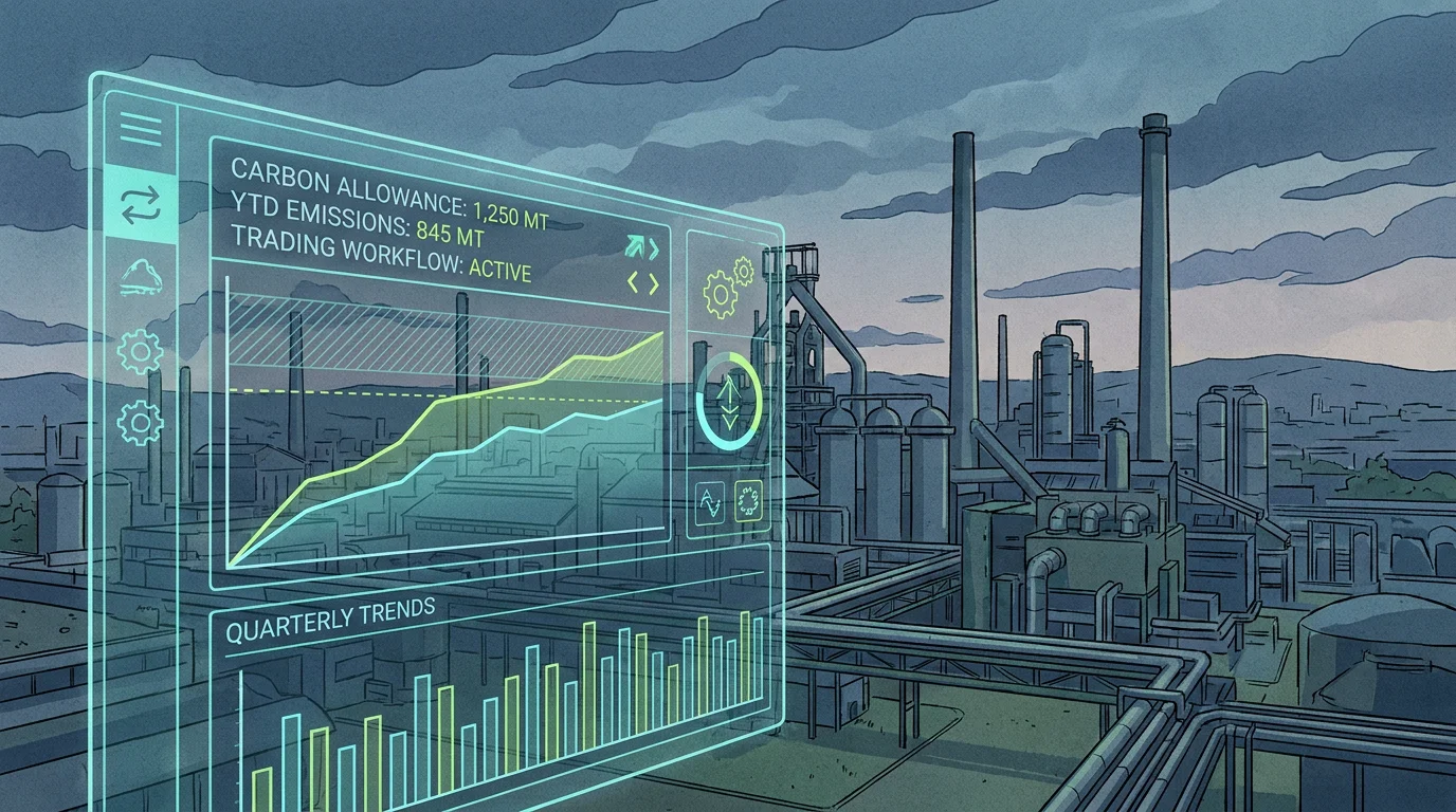 European industrial facility with digital carbon trading data overlay representing EU ETS compliance