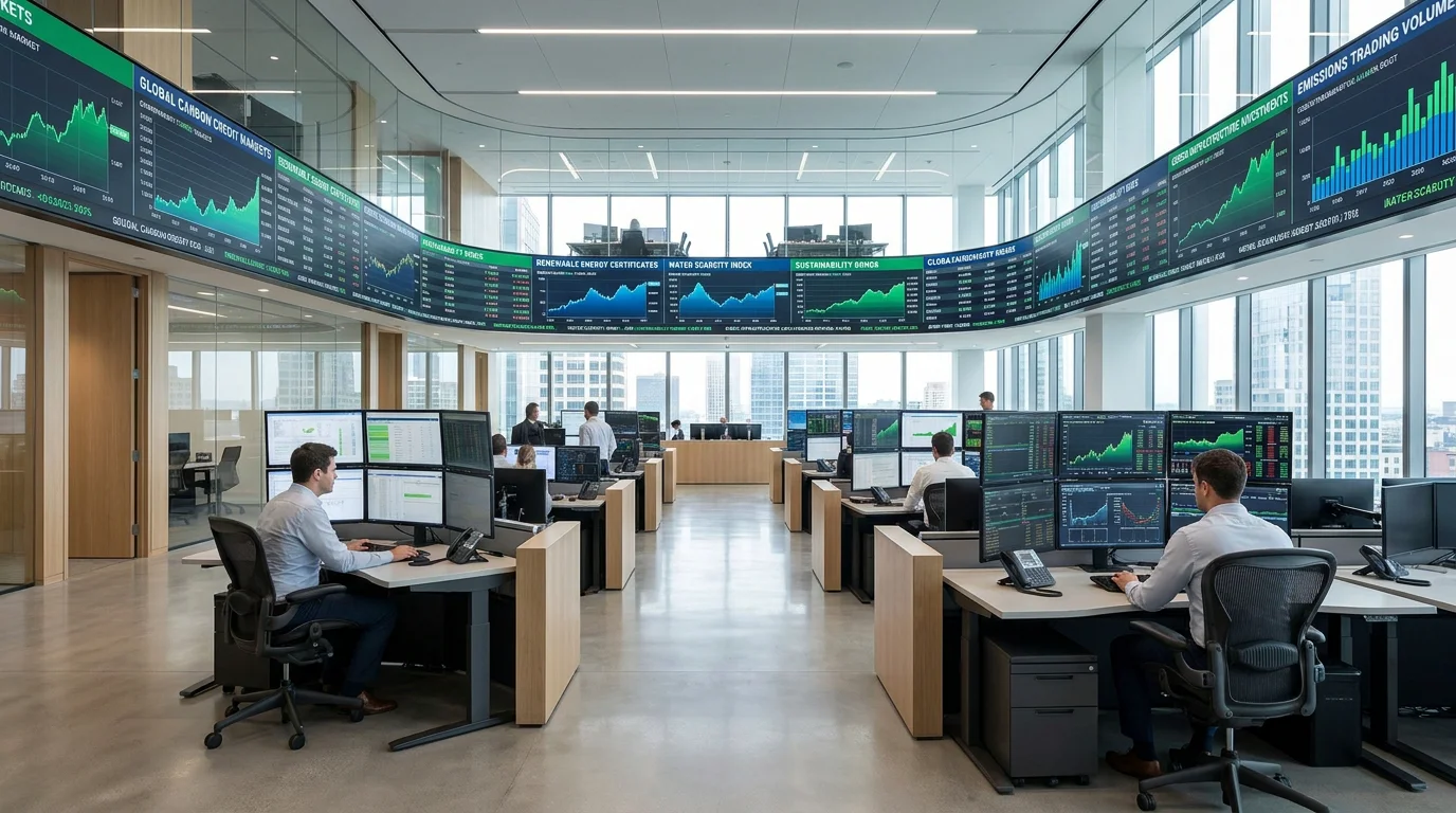 Modern carbon trading environment with screens displaying environmental market data and emission allowance prices