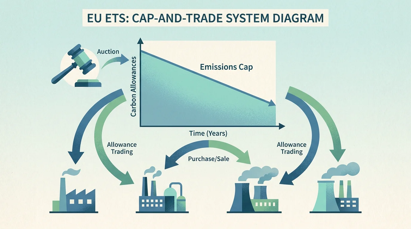 Diagram illustrating the EU ETS cap-and-trade system with a declining emissions cap and allowance trading between installations