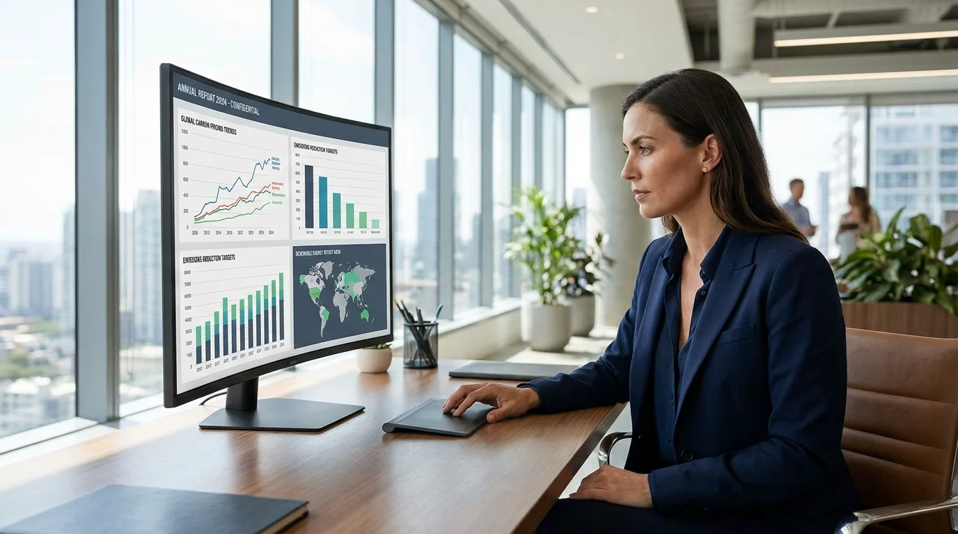 Business professional analyzing carbon market data and emissions trading metrics on a desktop monitor