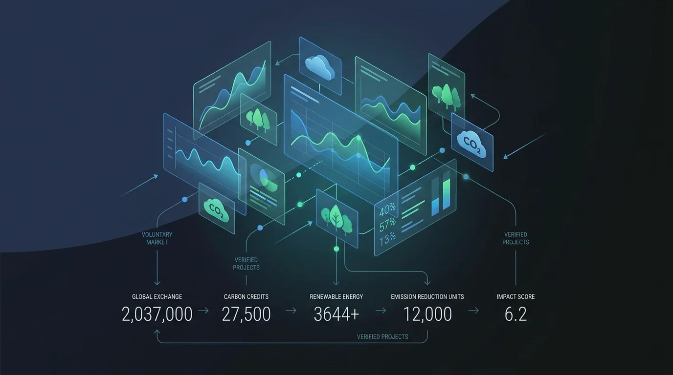 Illustration of a digital carbon trading platform interface displaying real-time market data and emission allowance orders