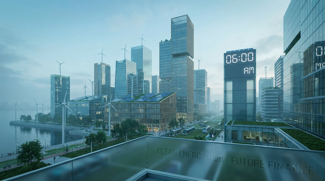 Sustainable cityscape blending financial district with renewable energy infrastructure at dawn