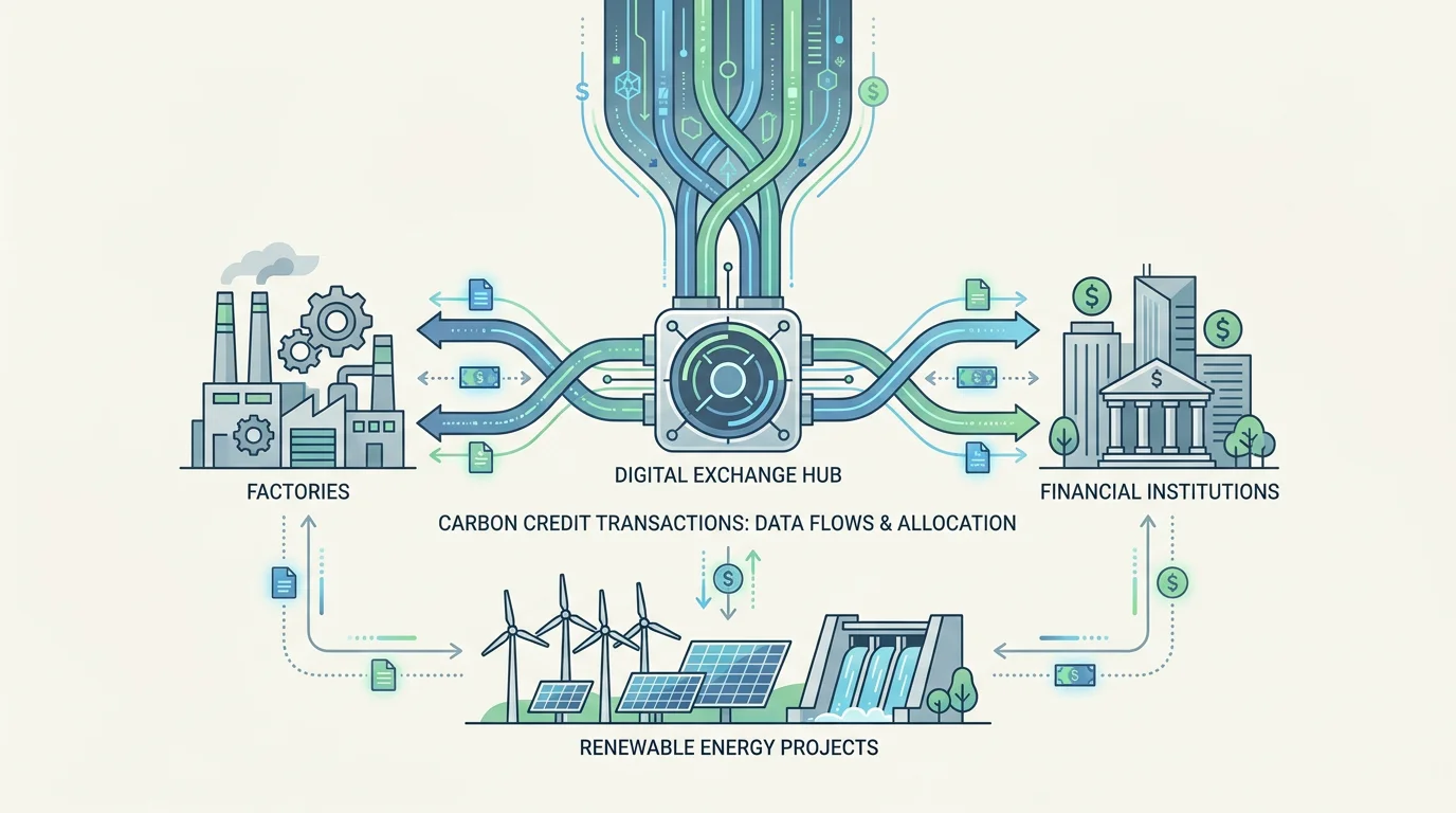 Network diagram illustrating carbon credit flows between industrial emitters, financial institutions, and offset projects through a digital exchange