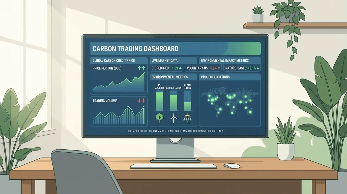 Digital carbon trading dashboard showing real-time carbon credit prices and environmental data