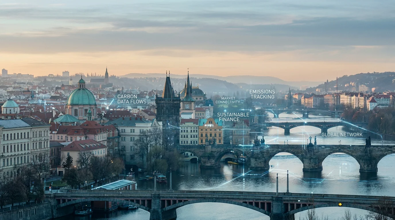 European cityscape at dawn with digital carbon market data overlay representing EU ETS readiness