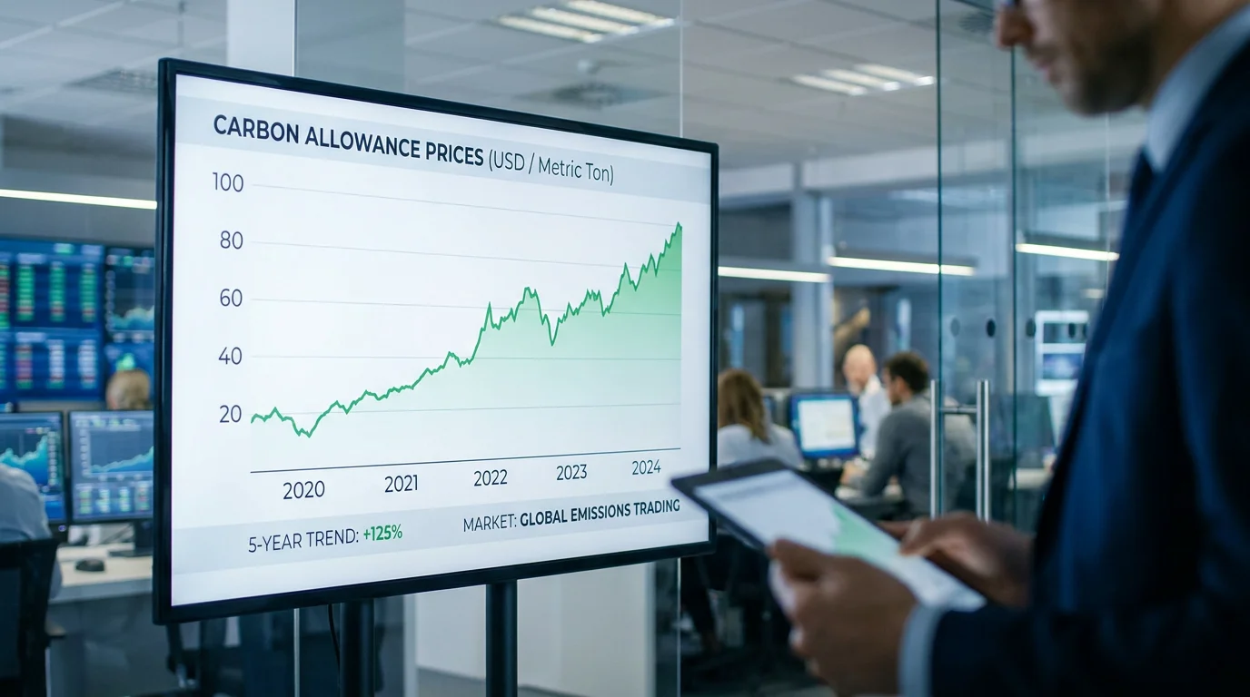 Trading screen displaying EU carbon allowance price chart trending upward in a professional trading environment