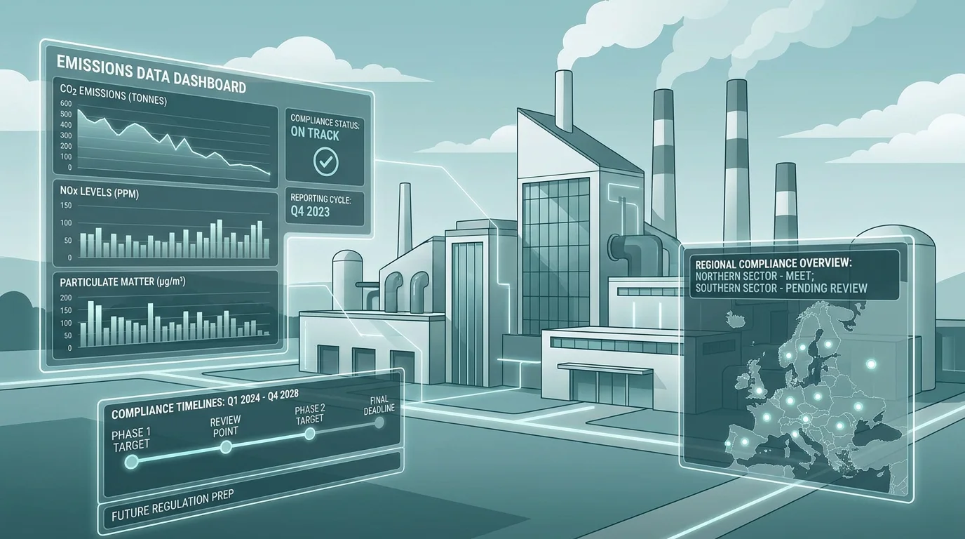 Industrial facility with digital compliance dashboard overlay representing EU ETS monitoring and reporting