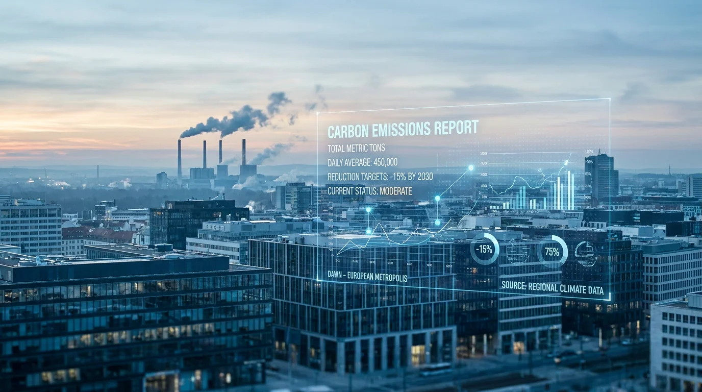 European industrial skyline at dawn representing the EU carbon market and emission allowances
