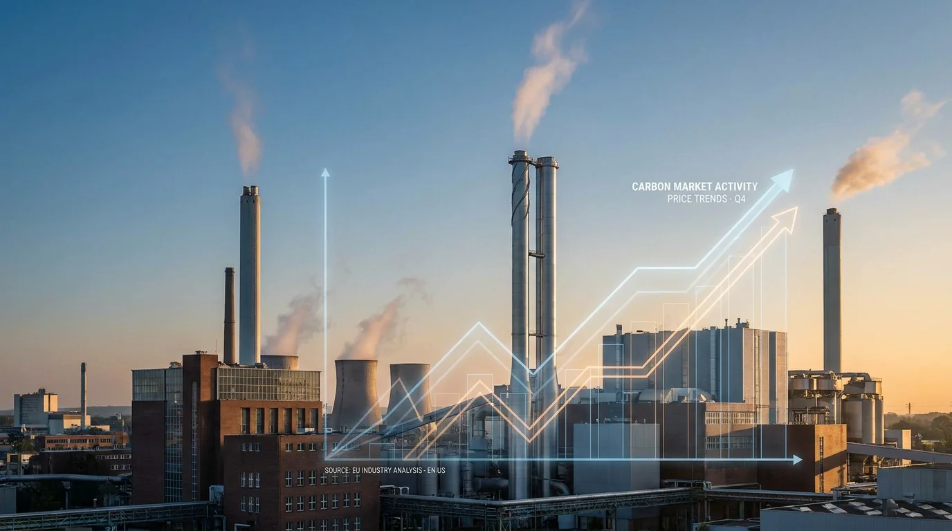 European industrial skyline at dawn representing the emissions trading market landscape