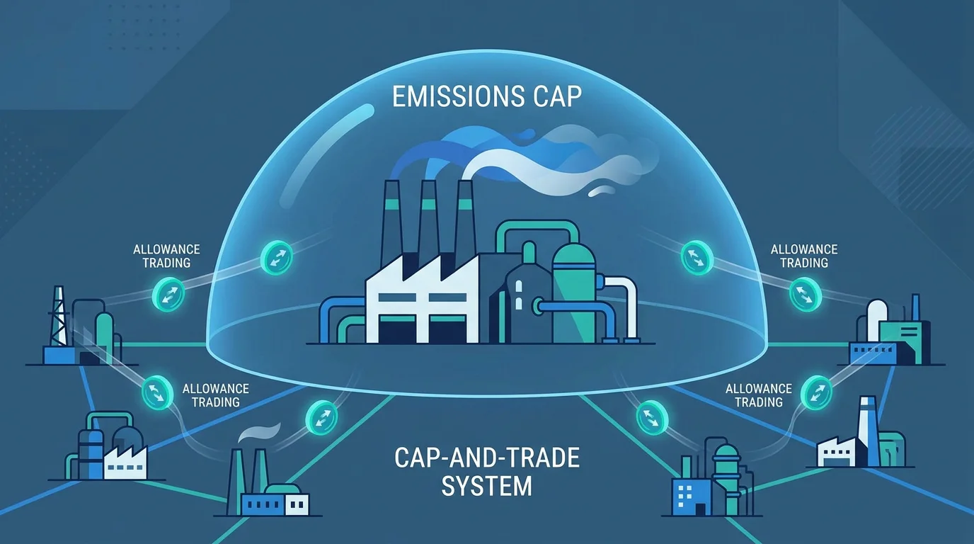 Illustration of the cap-and-trade emissions trading concept with factories exchanging allowances under a regulatory cap