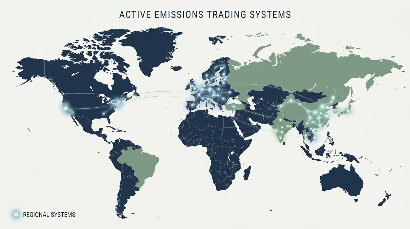 World map highlighting regions with active or planned emissions trading systems in 2026