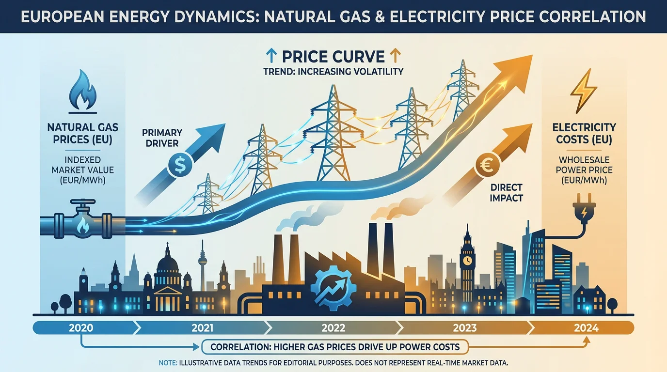 Infographic showing how TTF gas prices influence European electricity costs and industrial energy expenses