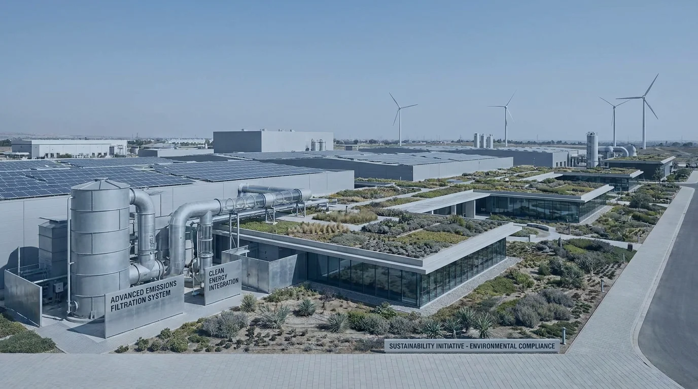 Modern industrial facility with solar panels and green infrastructure representing emission abatement