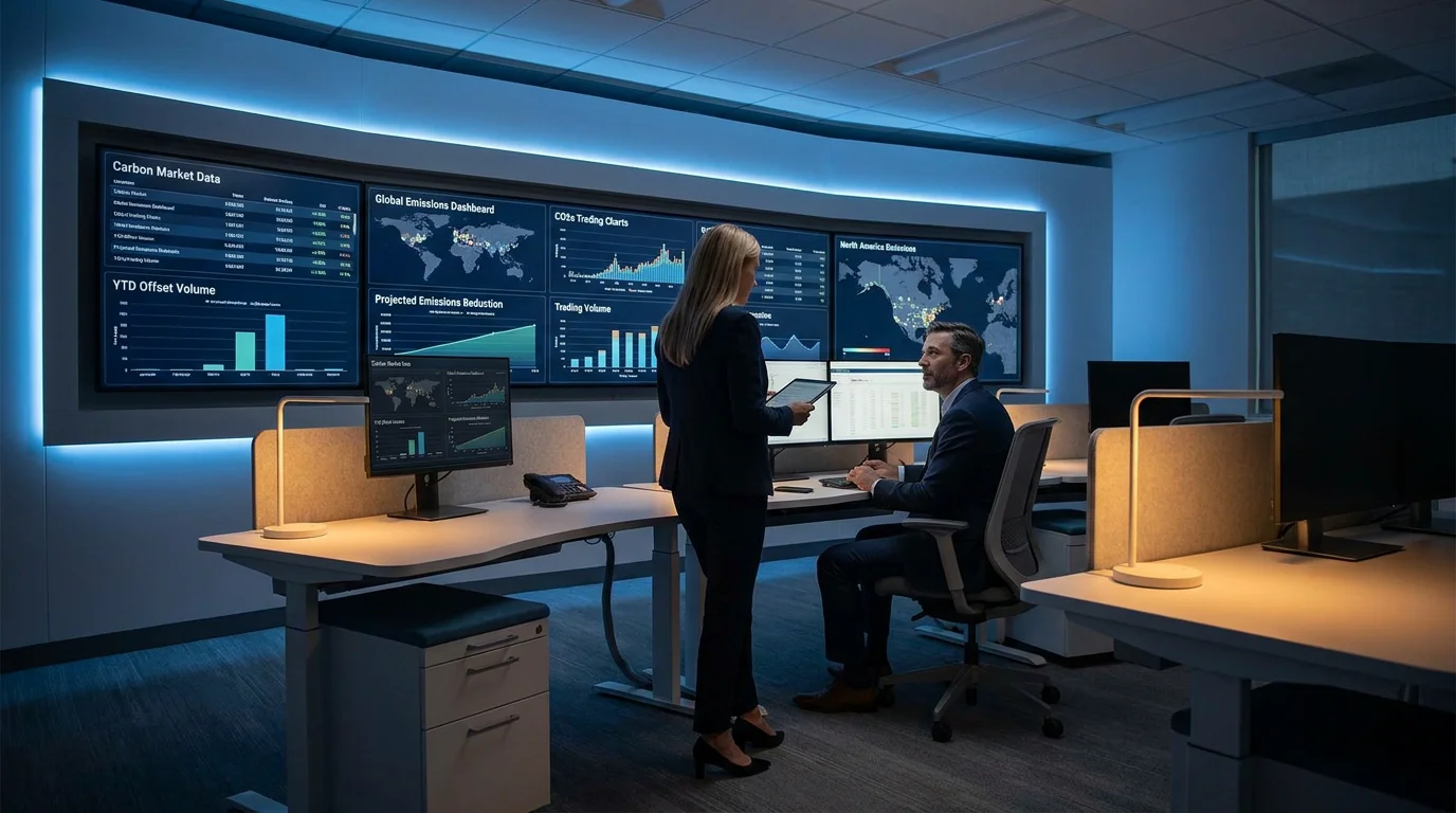 Professionals monitoring emissions data and carbon market prices in a modern trading control room