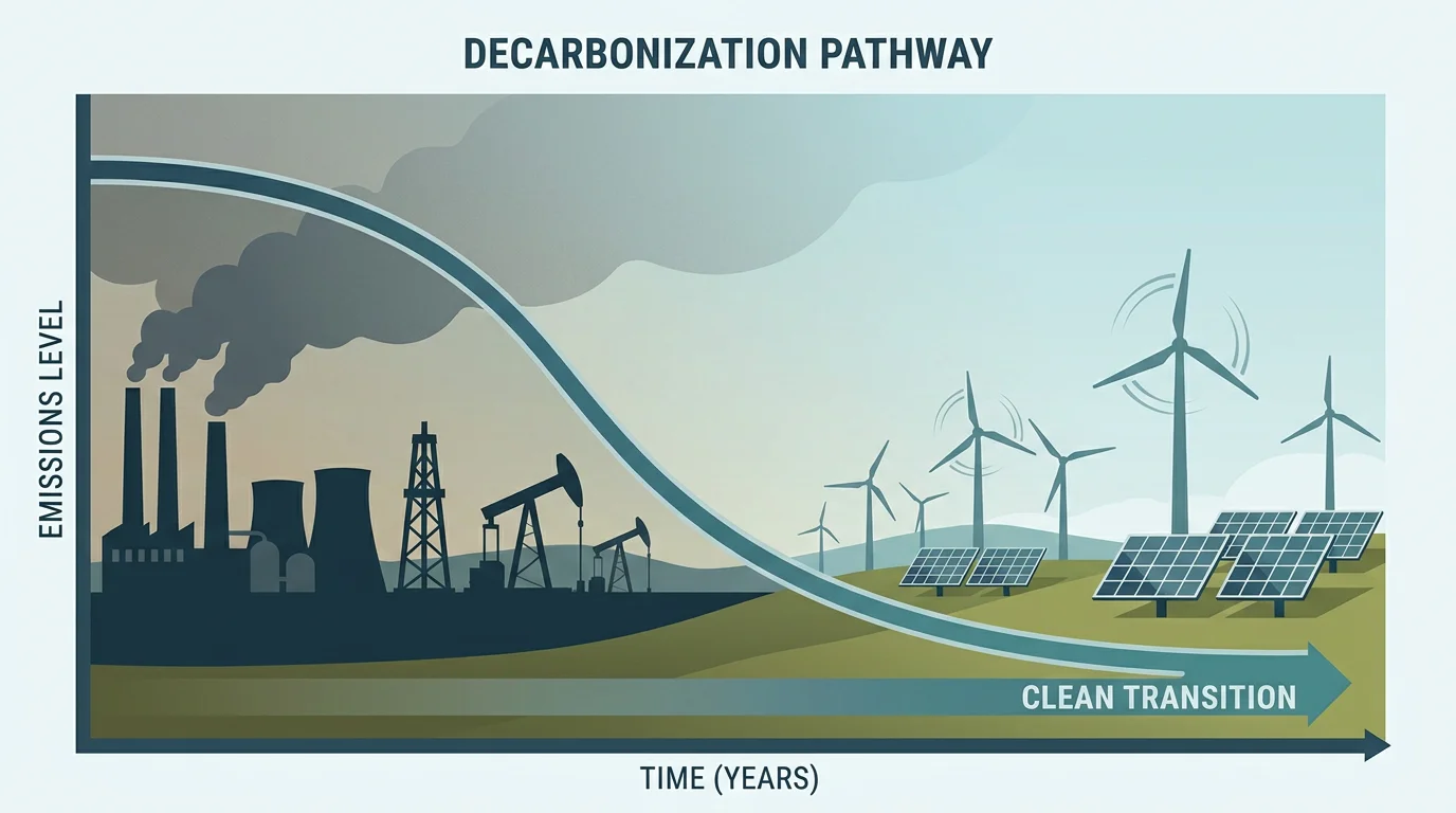 Illustration of a marginal abatement cost curve with an industrial landscape transitioning to renewable energy