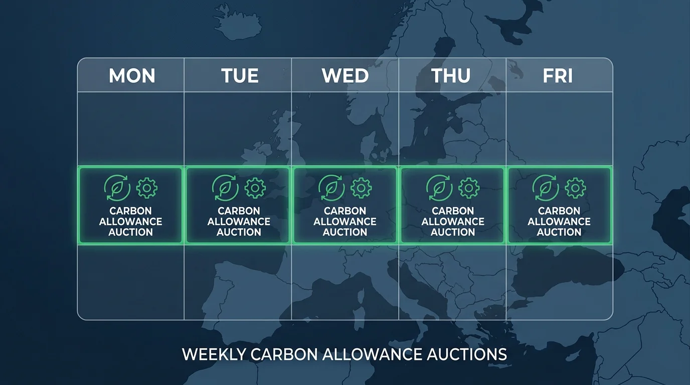 Weekly EU ETS auction calendar structure showing highlighted auction days across European markets