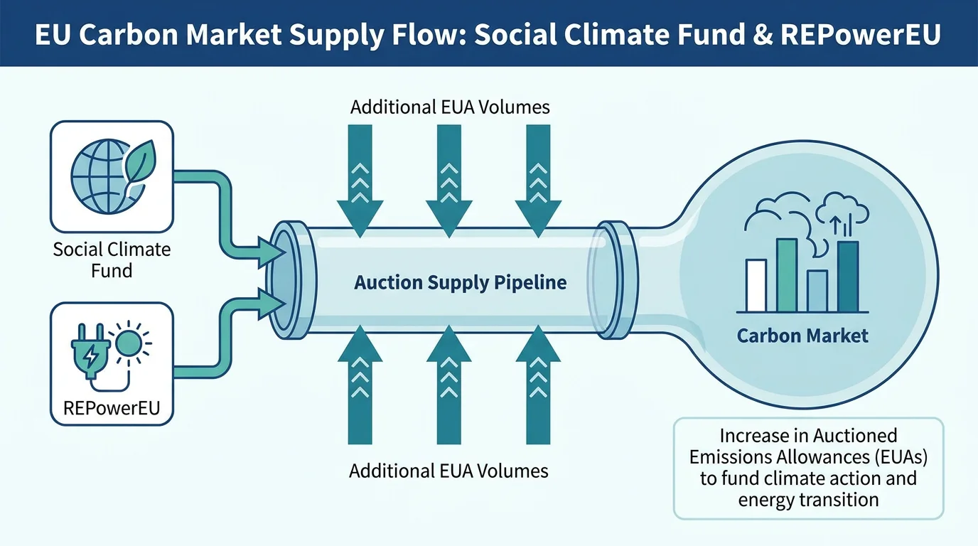 Infographic showing Social Climate Fund and REPowerEU contributing additional allowances to EU ETS auctions in 2026