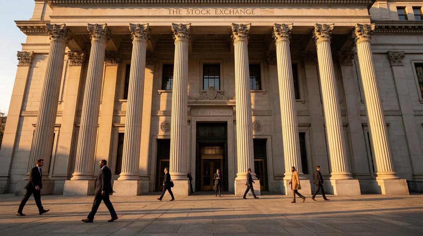 Exterior of a neoclassical stock exchange building at golden hour with business professionals walking by